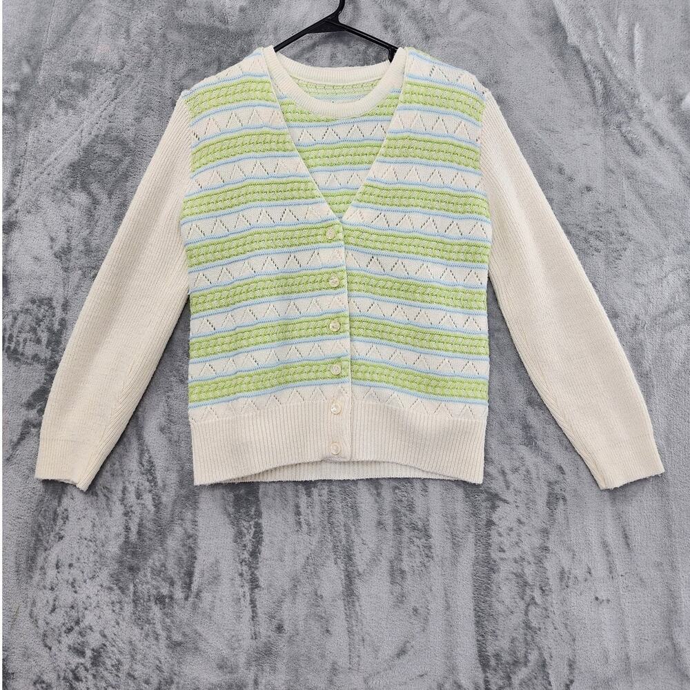 Vintage Sweater Womens XS Cream Green‎ Blue Striped Pointelle Cardigan Twin Set
